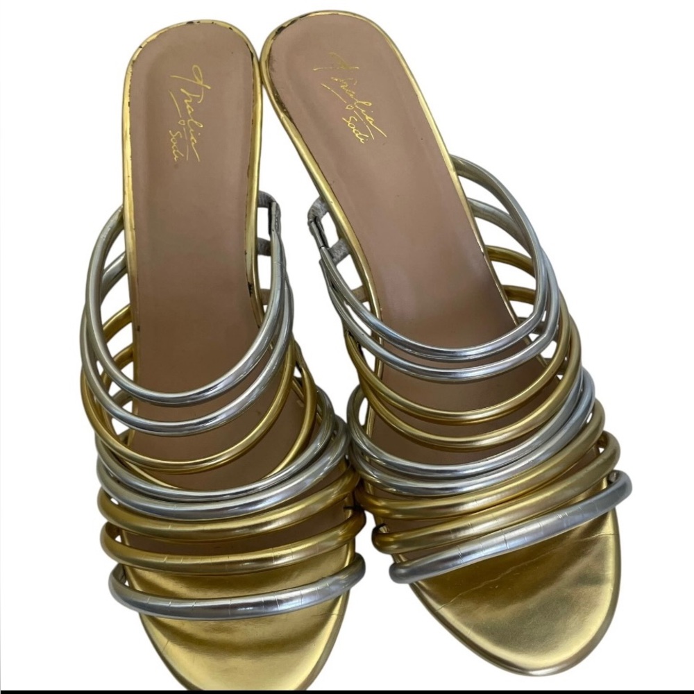 Thalia Sodi Gold & Silver Metallic Strappy Dress Sandals/Mules/Heels. Sz. 10 - Picture 1 of 6